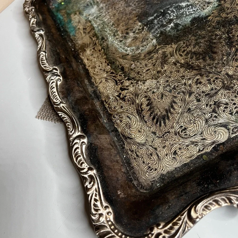 Vintage Silver Plated Rectangular Serving Tray Ornate Handles Etched Floral 19in